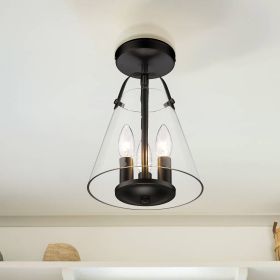 3-Light semi-flush Mount  Industrial clear Glass Ceiling light (Color: Black)